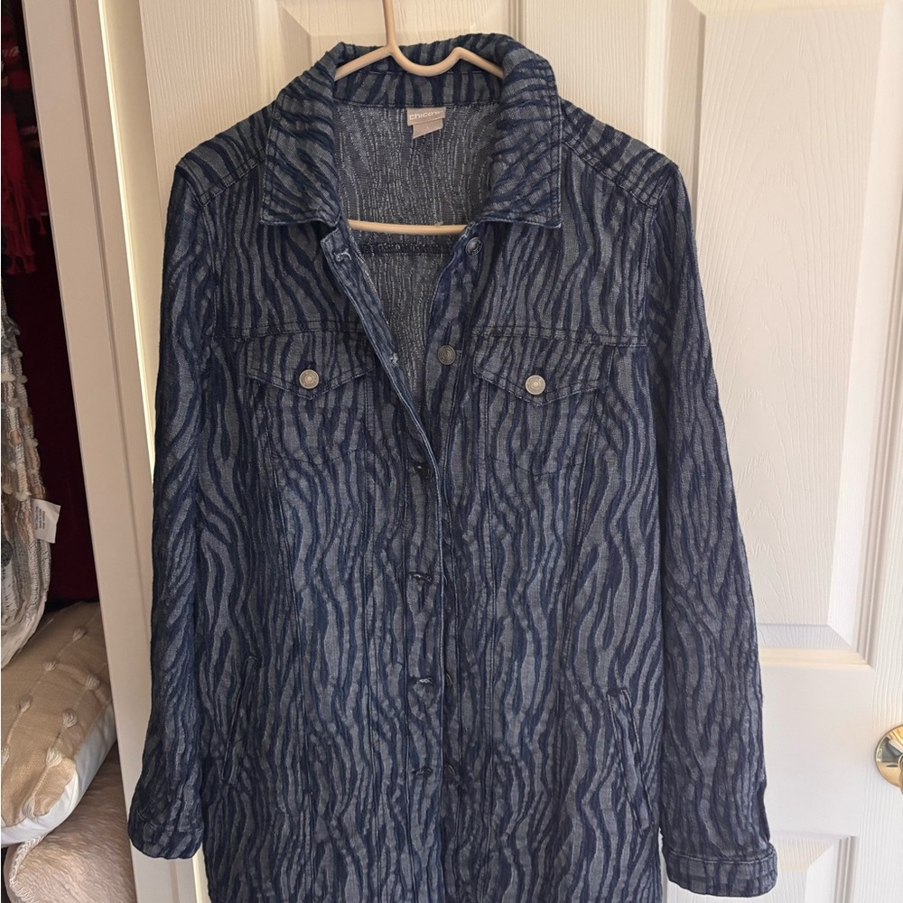 Chico's Blue Patterned Long Denim-Style Jacket
